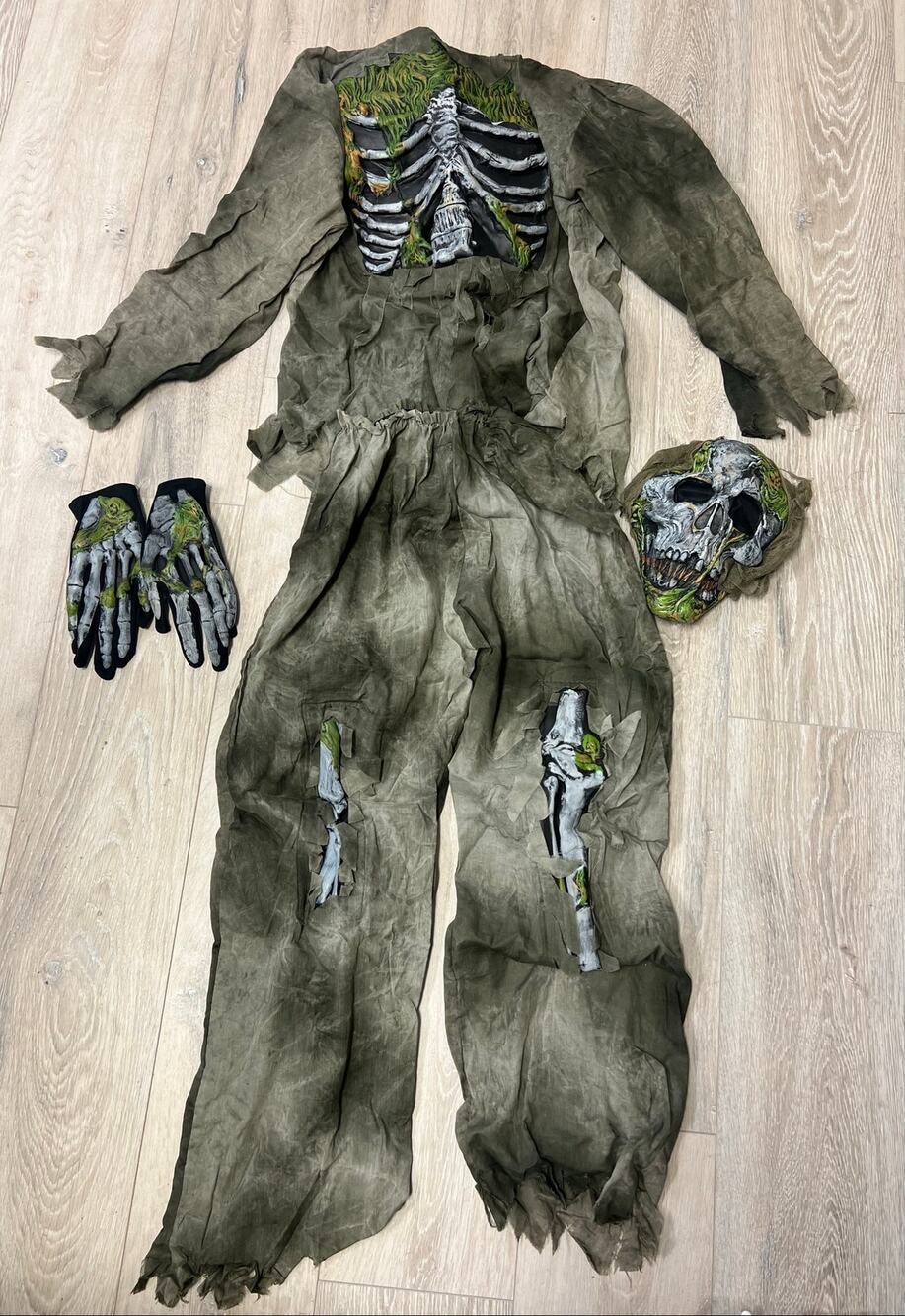 Fun World Skeleton Zombie Adult Costume #877 Complete 5 Piece Mask Bones Gloves